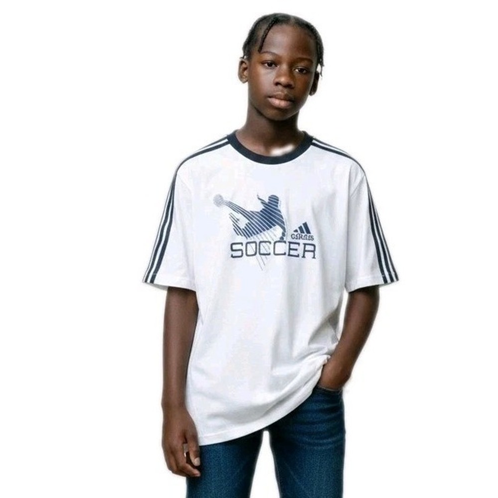 Adidas Soccer Graphic T-Shirt Boys XL White 3-Stripe Crewneck Athleisure Wear